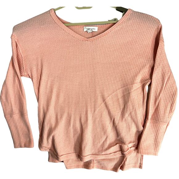 Vintage America Tunic Top Women Size M Pink Waffle Knit VNeck Long Sleeve - Picture 1 of 9